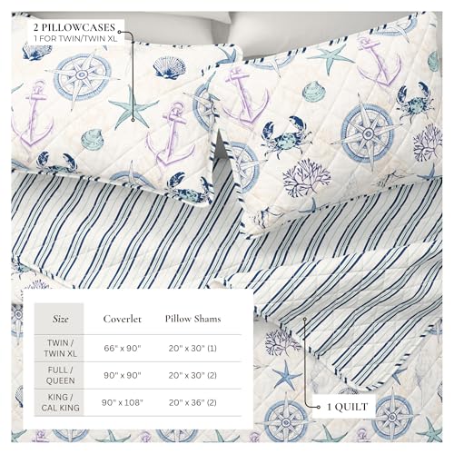 Great Bay Home Coastal Quilt Set - 3-Piece Full/Queen Size Blue Nautical Bedding Set - Lightweight, All-Season, Reversible Bedspread (Nautical Motif) - color: Nautical Motif, size: Full / Queen