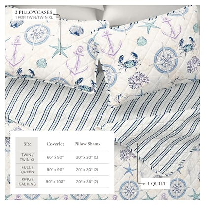 Great Bay Home Coastal Quilt Set - 3-Piece Full/Queen Size Blue Nautical Bedding Set - Lightweight, All-Season, Reversible Bedspread (Nautical Motif) - color: Nautical Motif, size: Full / Queen