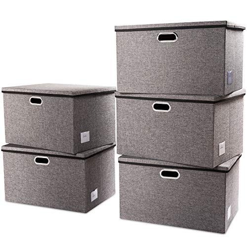 PRANDOM Extra Large Collapsible Storage Bins with Lids [5-Pack] Linen Fabric Foldable Storage Baskets Boxes Organizer Containers Cube with Cover for Bedroom Closet Office Nursery (22.8x15.75x13.8) - color: Gray, size: XXL (5-Pack)