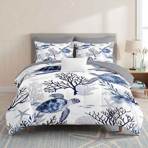 WeCozy 5 Pcs Twin Size Comforter Set with Pillowcase & Sham, Ocean Sea Coral Bedding for Kids and Adults, Blue Animal Turtle Bed in a Bag with Flat Fitted Sheet - color: Turtle, size: Twin