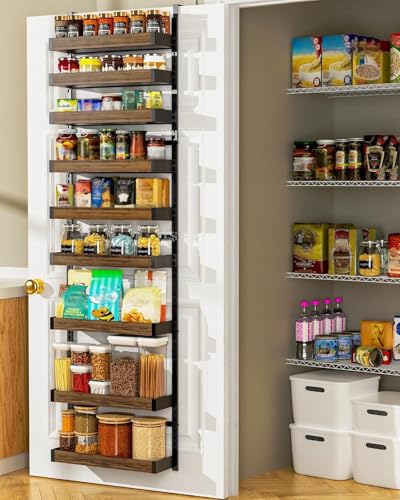Moforoco Wood 9-Tier Over The Door Pantry Organizer, Wooden Pantry Organization and Storage, Black Hanging Basket Wall Spice Rack Seasoning Shelves, Home & Kitchen - color: Wood, size: 9-Tier Standard