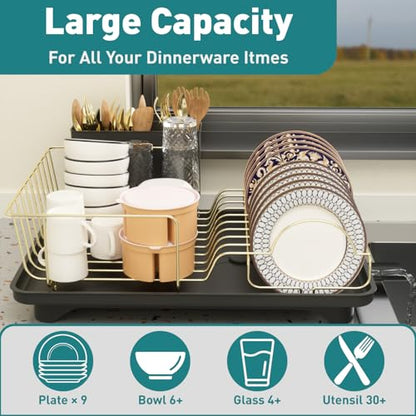 Buruis Dish Drying Rack for Kitchen Countertop, Large Capacity Gold Stainless Steel Dish Drainer with Anti-Slip Rubber Feet, Removable Drain Board and Utensil Holder (Black Tray) - color: Black Drainer