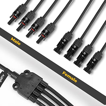 BougeRV Solar Y Branch Connectors Extra Long Solar Panel Parallel Connectors 1 to 4 Solar Cable Wire Plug Tool Kit (2 Pairs/M/FFFF and F/MMMM) - size: 2 Pairs/M/FFFF and F/MMMM