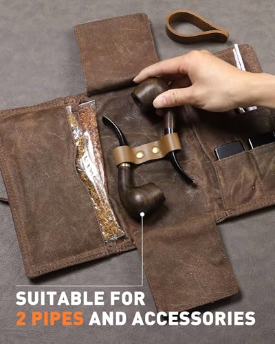 BS-VOG Waxed Canvas Tobacco Pouch for 2 Pipes, Smoking Tobacco Pipe Pouch with Foldable Stand, Smoking Case Bag Accessories Storage Organizer for Travel, Daily Use & Gift (Pipes Not Included)