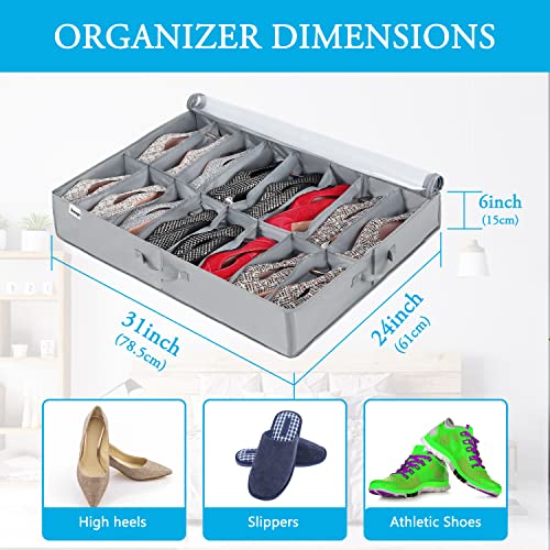 INAYA Under Bed Shoe Storage Organizer 2 Pack, Fits 32 Pairs, Large Underbed Shoe Box Storage Containers, Clear Foldable Shoes Organizer Under the Bed Sturdy Structure with Hard Bottom Support - size: 16+16 Cells (Hard Bottom Support)