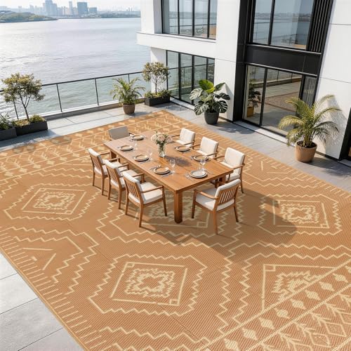 LBRO2M Waterproof Outdoor Rugs 10X12 for Patio Outdoor Plastic Straw Rug Reversible Outdoor Camping Rugs RV Rug for Deck,Backyard (10X12 Brwon Beige) - color: Brown Beige, size: 10' x 12' (Rectangular)