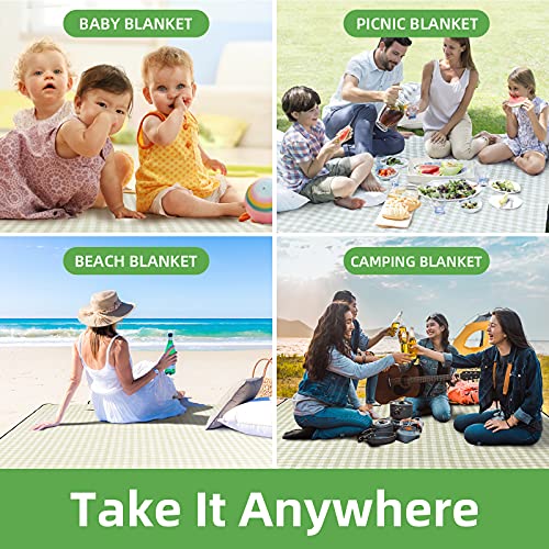 ZAZE Extra Large Picnic Outdoor Blanket, 80''x80'' Waterproof Foldable Blankets Gingham Picnic Mat for Beach, Camping Grass Lawn Park Accessories Cute Couple Gifts Ideas Wedding Registry(Green White) - color: Green and White
