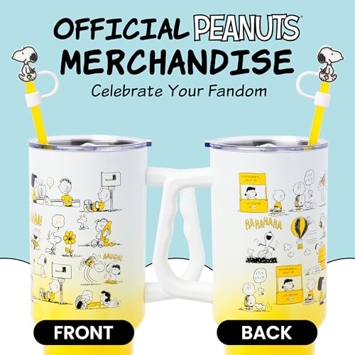Silver Buffalo Peanuts Iconic Scenes Charlie Brown, Snoopy, Woodstock, Lucy, Sally, Linus Double Walled Stainless Steel Tumbler with Handle, Straw, & Straw Cap, Fits in Standard Cup Holder, 40 Ounces - color: Peanuts Iconic Scenes