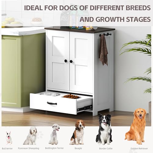 Pet Feeding Station, Dog Feeding Station, Dog Food Storage Cabinet, Pet Food Toy Organiser with 2 Elevated Bowls and Hook for Feeding and Drinking, White - size: Wood White