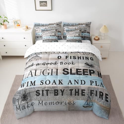 Erosebridal Lake House Bedding Set Full 7 Pcs,Rustic Farmhouse Comforter Set with Sheets Boating Fishing Bed in A Bag for Kids Adults Adventure Camping Cabin Bed Set Reversible - color: Black Blue Grey, size: Full