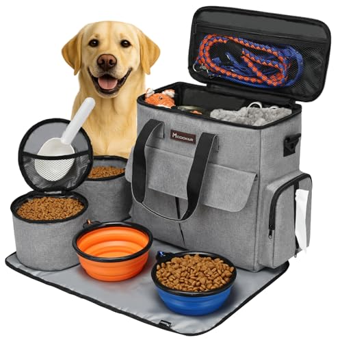 Modoker Dog Travel Bag, Weekend Pet Travel Set for Dog and Cat, Airline Approved Tote Organizer with Multi-Function Pockets, 2 Food Storage Containers, 2 Collapsible Bowls, 1 Feeding Mat (Grey) - color: Ash Grey