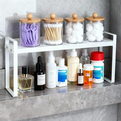 Small Expandable Medicine Cabinet Shelf, 3.58” Wide Metal Storage Stand with Adjustable Layers & Non-Slip Pads for Kitchen, Pantry, & Bathroom – White - size: White Medicine Cabinet Shelves