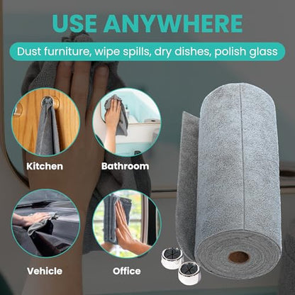 Microfiber Cleaning Cloth Roll Tearaway, 50 PCS Tear Away Towels, Reusable & Washable, Ultra Absorbent 12" x 12" Dish Rags for Car, Home, Kitchen, , 180 GSM Thickness, Paper Towel Alternative - color: Grey With Hanging Hooks