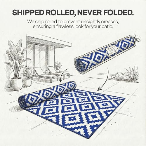 FH Home Outdoor Rug - Waterproof, Fade Resistant, Reversible - Premium Recycled Plastic - Geometric - Large Patio, Deck, Sunroom, Camping, RV - Aztec - Blue & White Crease Free - 6 x 9 ft - color: Aztec - Blue & White, size: 6' x 9' (Rectangular)
