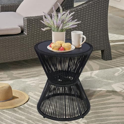 SUNNYPARK Outdoor Side Table 20'' H Small End Tables Woven Rope Weather Resistant with Glass Top Round Coffee Table for Indoor Balcony Patio Poolside (Black) - color: Black