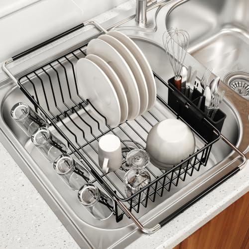 MAJALiS Dish Drying Rack Over The Sink with Utensil Holder | Expandable Stainless Steel Dish Drainer for Small Kitchen, Apartment, RV, Counter Space Saving, Perfect Fit, Rustproof - color: Black, size: For 11.5"-16" W Sink with Cup Holder