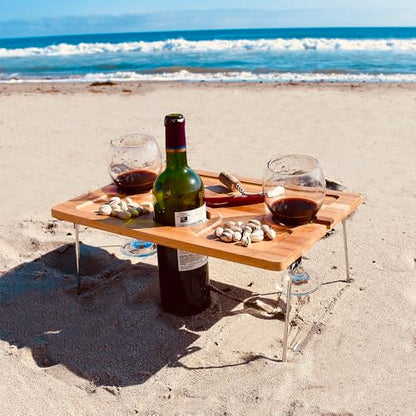 Tirrinia Portable Wine Picnic Table, Ideal Wine Gift for Women Men, Small Folding Outdoor Picnic & Cheese Tray with 2 Wine Glasses Holder for Camping, Park, Beach, Garden, Concerts - size: 15.7" x 11.8"