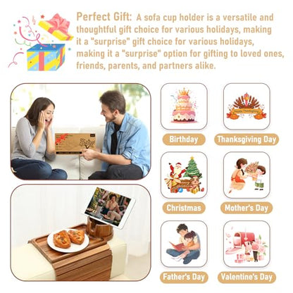SINWANT Couch Cup Holder Tray,Acacia Wood Sofa Arm Clip on Tray Table with 360° Rotation Cup Holder,Foldable Anti-Slip Couch Armrest Table for Coffee Mug,Water Bottles,Snacks,Remote on Large Armrest - color: Acacia Wood