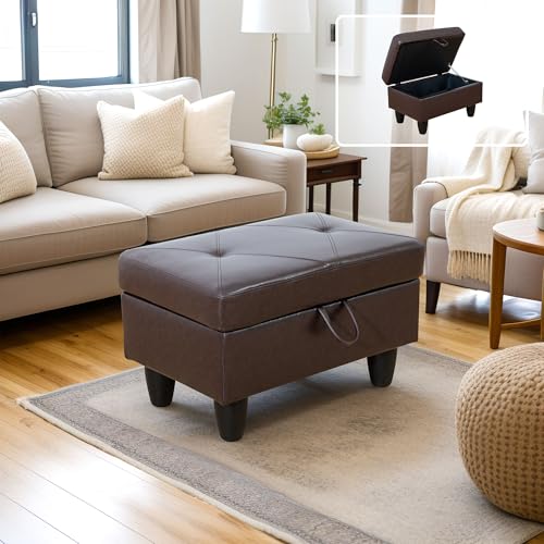 Ottoman, Faux Leather Storage Ottoman Bench, Modern 28.5" Large Square Entryway Bench Ottoman with Storage for Living Room/Apartment/Bedroom/Rv Car,Brown - color: Brown, size: 28.5 inch