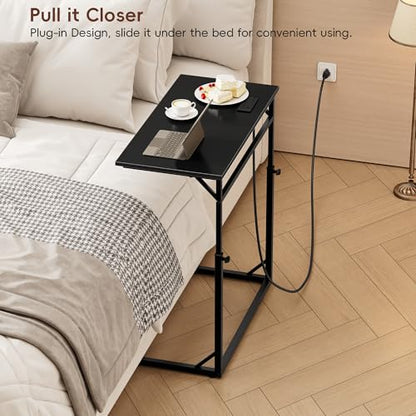 Vagusicc C Shaped End Table with Charging Station, C-Table End Table Adjustable Height Side Table for Couch, Large Couch Tables,Slide Under Sofa Tables TV Tray Arm Tables for Living Room,Bedroom,Black - color: Black, style: With Plug