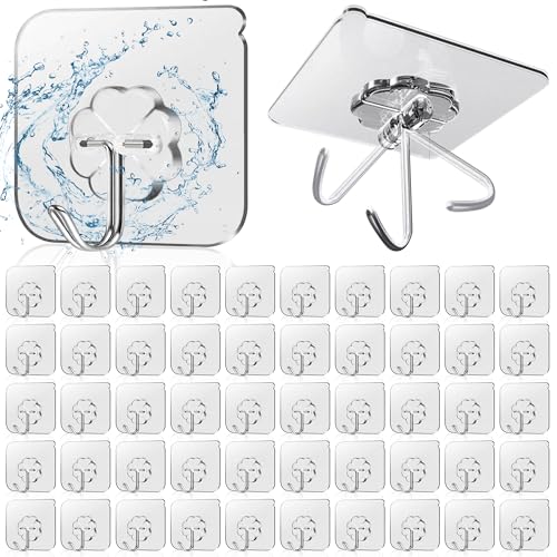 50 Pack Sticky Hooks for Hanging Heavy Duty, Wall Hook Adhesive, Transparent self Adhesive Hooks for Wall, Kitchen, Bathroom & Ceiling - color: 50 Transparent self Adhesive Hooks