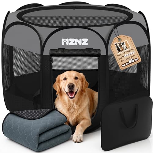 Dog Playpen with Pee Pad, Portable Puppy Pet Crate Indoors for Small/Medium/Large Dogs Cats Rabbits, Foldable Dog Cage Enclosure for Outdoor, Pop Up Dogs Tent Kennel with Carrying Case, Dark Grey - color: Dark Grey, size: Large with Pee Pad (45"L x 45"W x