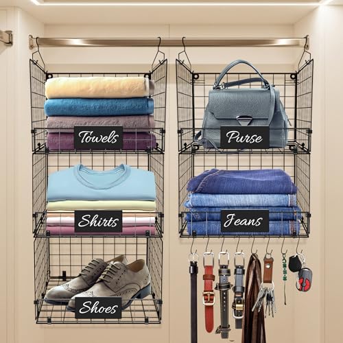 DECOLURE 5-Tier Adjustable Hanging Closet Organizer – Maximize Hanging Storage w/ 4 Hanging Hooks, 8 S Hooks & 5 Name Plates - Sturdy Foldable Wire Storage Hanging Shelves for Clothes, Towels (Black) - color: Black