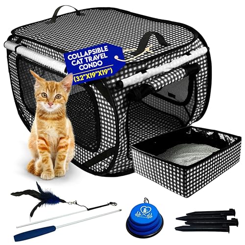 Pet Fit For Life Extra Large Cat Carrier for Travel - Foldable & Portable Collapsible Kennel with Litter Box, Feather Toy & Water/Food Bowl - Ideal for Cars, Long Trips & Indoor Cats - Black Checkers - color: Black