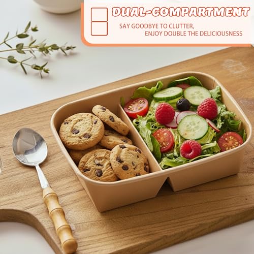 8 Pack 32oz Paper Lunch Box Bento Boxes, 2-Compartment Kraft Brown Paper Take Out Food Containers with Lids, Leakproof Microwave Safe, Disposable To Go Boxes for Picnics, Offices, Catering, Orange - color: Orange Lid & Kraft Brown Box