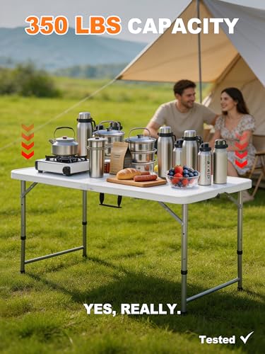 Folding Camping Table 4 Foot Adjustable Height 350lbs, 4FT Folding Picnic Card Table for Outdoor, Plastic Rectangular Dining Work Tables for Indoor, Heavy Duty Fold-in-Half Tray Tables - size: 4 FT