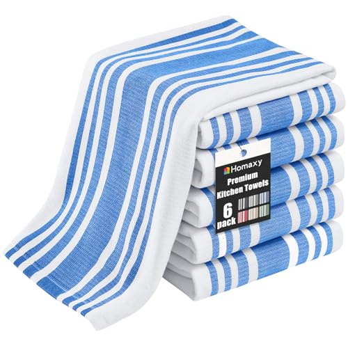 Homaxy Premium Kitchen Towels 18”x 28”, Large Cotton 380 GSM Kitchen Hand Towels, Stripe and Terry Dish Towel, Highly Absorbent Tea Towel Set with Hanging Loop, 6 Pack, Blueberry - color: Blueberry Stripe, style: 6-pack