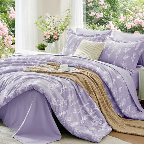MUXHOMO Lavender Purple Full Comforter Set, Elegant Floral Print Bed in a Bag 7 Pieces, Ultra Soft & Breathable Reversible Botanical Pattern Bedding Set with Comforter, Sheets, Pillowcases, and Shams - color: Lavender Leaves, size: Full(82"x86")