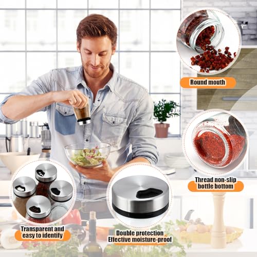 Zhehao 6 Pcs Salt Pepper Shakers Set with Adjustable Pour Holes Stainless Steel Spice Dispenser 6oz Clear Glass Seasoning Containers for Kitchen Restaurant Home BBQ Camping Farmhouse Accessories