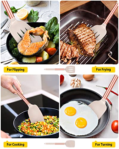 Pack of 2 Silicone Solid Turner, Non Stick Slotted Kitchen Spatulas, High Heat Resistant BPA Free Cooking Utensils, Ideal Cookware for Fish, Eggs, Pancakes(Rose Gold Khaki) - color: Rose Gold Khaki