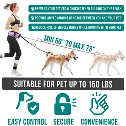 PetAmi Hands Free Dog Leash, Running Leash Belt Bag for Walking, Jogging, Waist Double Zipper Pouch with Poop Dispenser, Dual Padded Handles Reflective Bungee Double, Purple, 2 Leashes - color: Purple, size: 2 Leashes