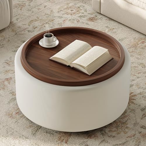 Round Storage Ottoman Coffee Table with Walnut Tray, 30'' Round Ottoman with Storage, Modern Upholstered Coffee Table with with 4 Casters for Living Room, Linen Fabric, Beige - color: Beige