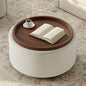 Round Storage Ottoman Coffee Table with Walnut Tray, 30'' Round Ottoman with Storage, Modern Upholstered Coffee Table with with 4 Casters for Living Room, Linen Fabric, Beige - color: Beige