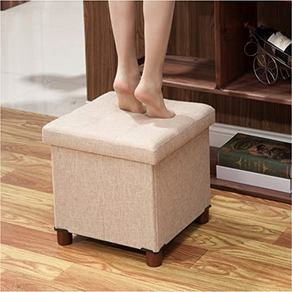 15 Inch Storage Ottoman with Wooden Legs - Cube Foot Rest Stool, Square Footstool, Comfortable Seat with Lid, Foldable Fabric Ottoman, Space-Saving Beige - color: Squ Beige