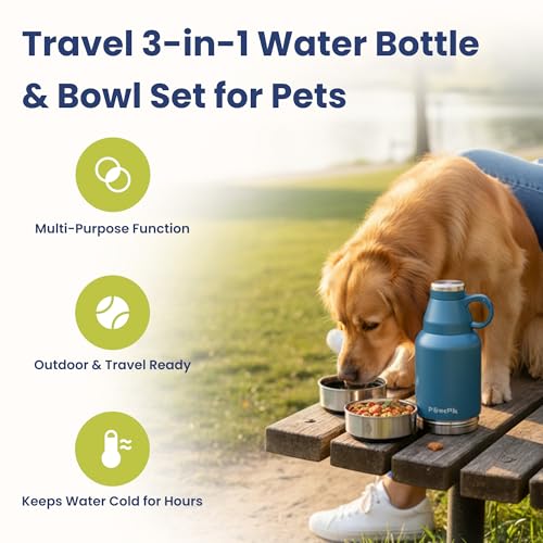 PawsPik 32oz 3-in-1 Travel Dog Water Bottle & Bowl Set – Stainless Steel Vacuum-Insulated Bottle with Detachable Food & Water Bowls, Leak-Proof, Keeps Water Cold 12hrs/Hot 6hrs (Midnight Summit Blue) - color: Midnight Summit Blue