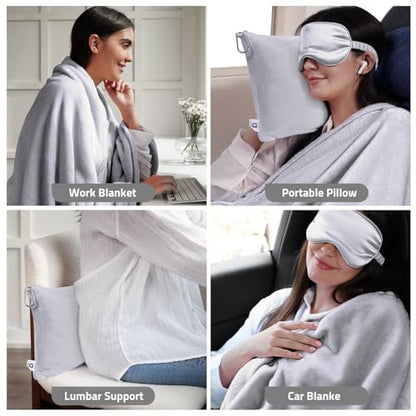 Travel Blanket Pillow,Airplane Blanket Compact with Bag Eye Mask, Ultra-Soft,Warm & Lightweight Included,Travel Essentials for Women & Men, Luggage Sleeve & Backpack Clip 65x40 in, Grey - color: Grey