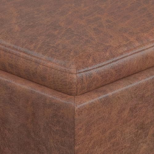 SIMPLIHOME Rockwood Cube Storage Ottoman with Tray - 17" Wide x 17" High Upholstered Vegan Leather Square Storage Ottoman in Distressed Saddle Brown, Contemporary Cube Ottoman with Serving Tray - color: Distressed Saddle Brown