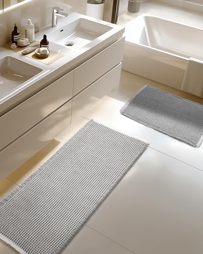 Furicher Large Waffle Bath Mat Set, Non Slip Bathroom Mat Ultra Absorbent Bath Mats for Decor, Extra Soft Floor Bathroom Rugs Sets 2 Piece, Washable Bath Rugs Set, Grey & White, 20"×47" and 16"×24" - color: Gray-white