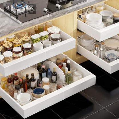 4-Pack Expandable Pull Out Cabinet Organizer 21" Deep with 3 Slide Rails, Adjustable Width (12"-22") Drawer Organizer for Kitchen Pantry Base Cabinets, Fixed with Roll Out Shelves Adhesive, White - size: 4 Pack
