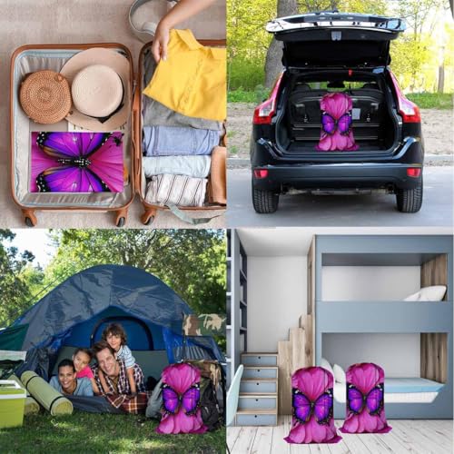 Swono Laundry Bag with Drawstring Closure Purple Butterfly, Foldable, Compact, Lightweight, 28" X 40" Beautiful Animal Wings Floral Petal Packable Dirty Clothes Bag for Home Dorm, Camp, Road Trip - color: Purple Butterfly