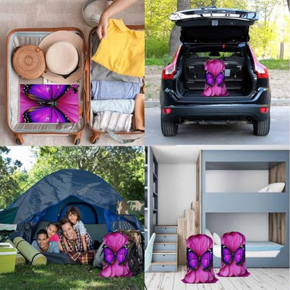 Swono Laundry Bag with Drawstring Closure Purple Butterfly, Foldable, Compact, Lightweight, 28" X 40" Beautiful Animal Wings Floral Petal Packable Dirty Clothes Bag for Home Dorm, Camp, Road Trip - color: Purple Butterfly