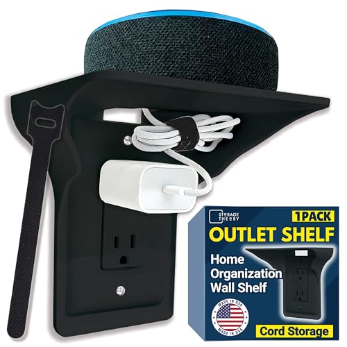 Power Perch Outlet Shelf Organizer for Alexa Echo Dot, HomePod Mini Speakers, Phone - Wall Outlet Holder with Cord Storage Strap - Socket Shelf Bathroom Kitchen Counter Charging Station - Black 1 Pack - color: Black, size: Single Outlet 1 Pack