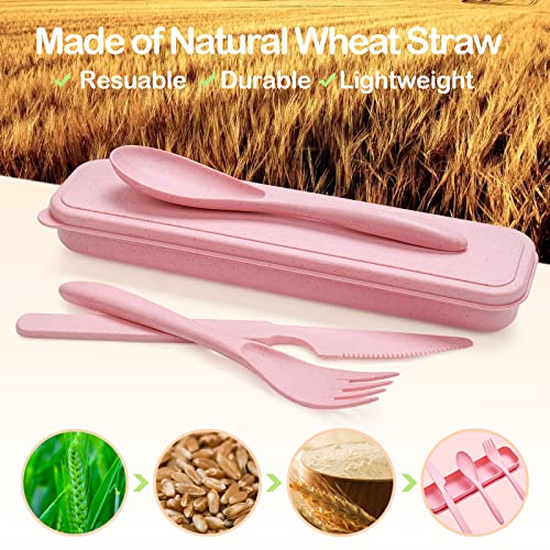 Reusable Travel Utensils Set with Case, 3 Sets Wheat Straw Portable Knife Fork Spoons Cutlery, Eco-Friendly BPA Free Plastic Tableware for Kids Adults Travel Picnic Camping Utensils - color: 3 Sets - Beige, Pink, Black