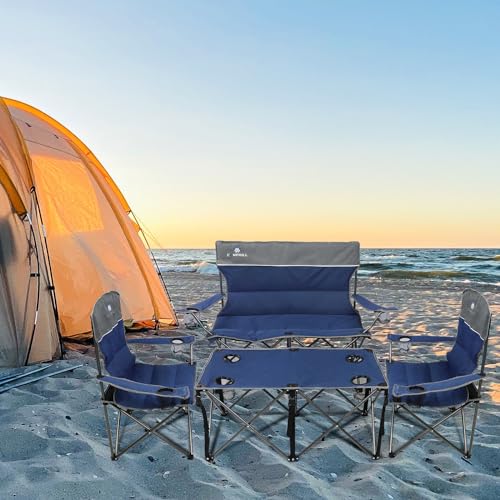 Camping Chair Set of 3, Outdoor Folding Camping Chairs for Heavy People with Cup Holder & Carry Bag,Collapsible Chair Include One Sofa Chair and Two Single Chair,Support up to 500lbs - color: Blue-4pcs