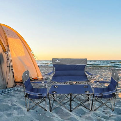 Camping Chair Set of 3, Outdoor Folding Camping Chairs for Heavy People with Cup Holder & Carry Bag,Collapsible Chair Include One Sofa Chair and Two Single Chair,Support up to 500lbs - color: Blue-4pcs