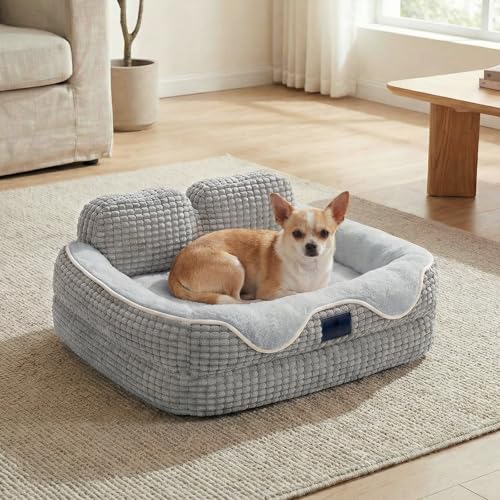 Veehoo Cute Small Dog Bed, Orthopedic Waterproof Pet Beds for Small Dogs, High Back Non-Slip Bottom and Egg-Crate Foam Puppy Couch Sofa with Washable Removable Cover Grey, 24" - color: Light Gray, size: 24"L x 18"W x 8"H